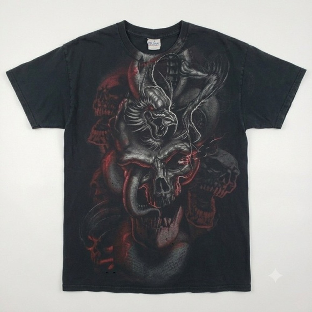 Vintage Dragon Skull T-Shirt Mens Large Black‎ Grunge Goth Graphic Y2K Fantasy